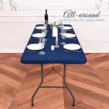 6 Pack Stretch Fabric Table Top Cap Cover, fits 8Ft Tables, Spandex Table Covers Washable Elastic Universal Rectangle Tablecloth Protector for Outdoor Party Picnic Wedding, Navy Blue, 30" W x 96" L