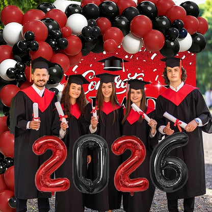 Red and Black Graduation Party Decorations 2026 - Graduation Balloon Arch Kit With Red Black Graduation Balloons, Congrats Grad Backdrop, 2026 Foil Balloons For High College School Gradua tion Decor