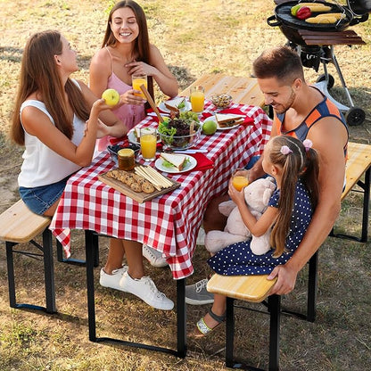 VINGLI 70 Inch Folding Picnic Tables with Benches Set, Weather-Resistant Wooden Beer Garden Table Bench, 3-Piece Portable Fold Up Camping BBQ Table w/Carrying Handles,Natural Wood Color