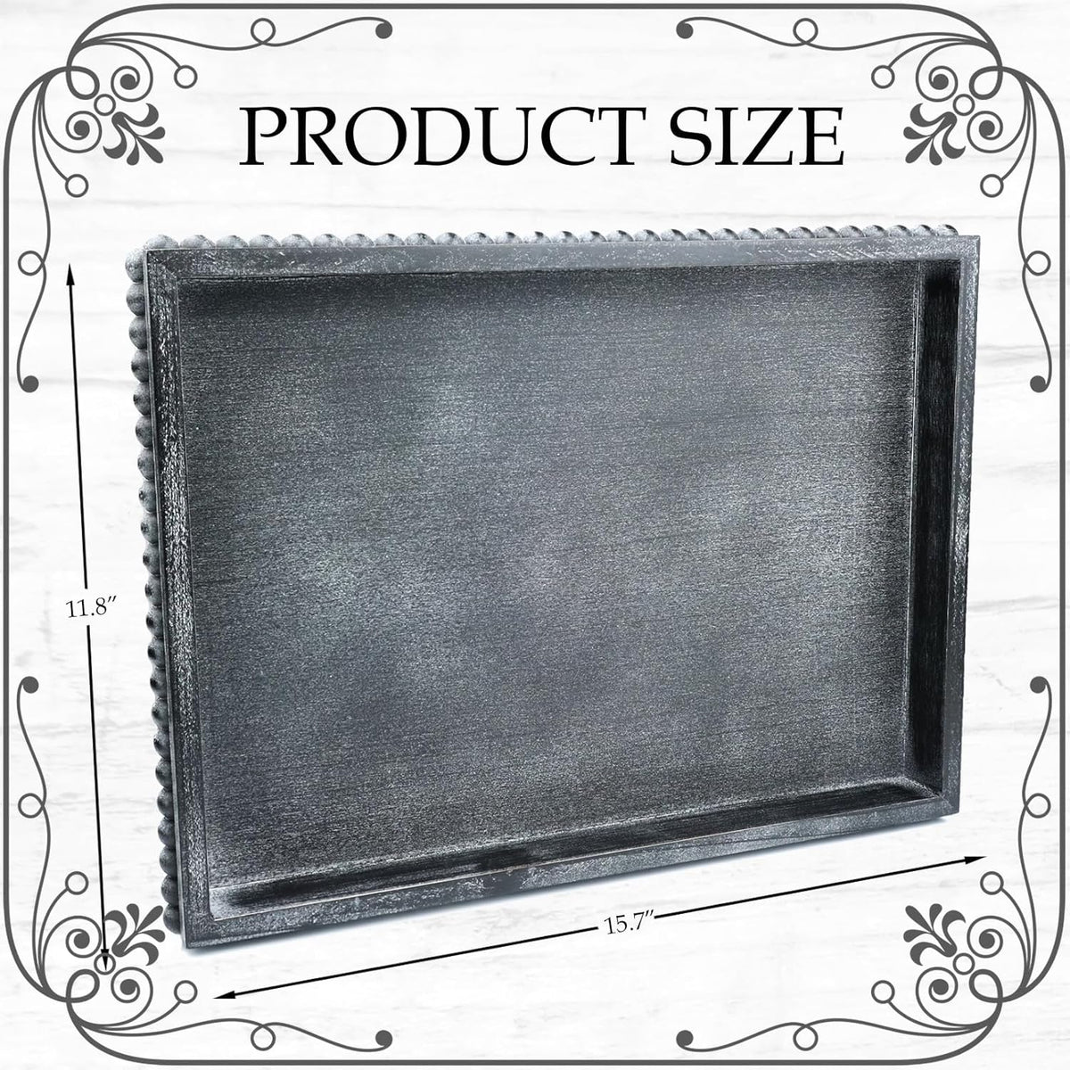 Rectangle Wood Serving Tray with Beads, Black Washed Wooden Decorative Tray for Entertaining, Decoration, and Gifting