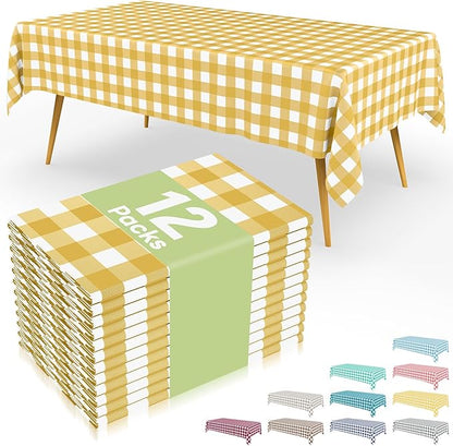 Smiry 12 Packs Gingham Disposable Table Cloth, 54 x 108 Inch Waterproof Plastic Tablecloth, Rectangle Gold and White CheckeGold Table Covers for Picnic, Birthday, Party