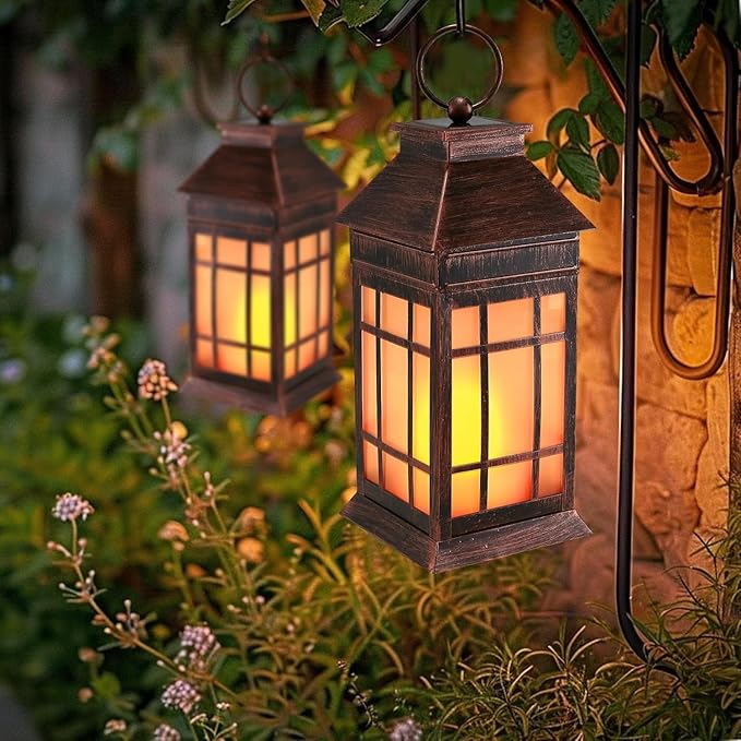18" Glass Solar Lanterns Outdoor Waterproof, Large Solar Flickering Flame Lantern, Outdoor Lantern Decorative Metal Garden Light for Patio Garden Backyard Outside Tabletop Decor Birthday Gift Grandma