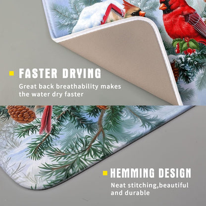 Winter Red Cardinal Bird Dish Drying Mat for Kitchen Counter,Holly Berry Branches Xmas Snowflake Cabin Drying Mat 16 x 18 Inch with High Absorbent