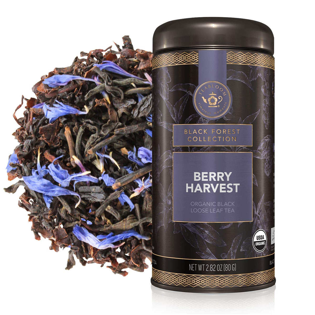 Teabloom Organic Fruity Black Tea, Berry Harvest Loose Leaf Tea, USDA Certified Organic & Kosher, Fresh Whole Leaf Blend in Reusable Gift Canister