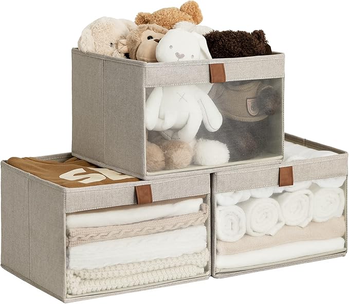 StorageWorks Closet Storage Bins, Large Storage Baskets with Clear Window and Handles, Foldable Fabric Organizer for Clothes, Shelves, Brown and Beige, 3 Pack