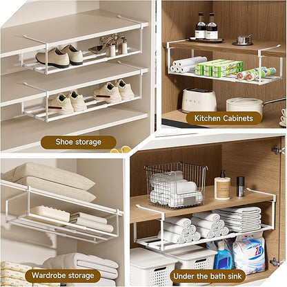 Expandable Hanging Shoe Rack Organizer for Closet, Adjustable Shoe Rack Under Cabinet Shelf, Versatile Under Shelf Storage for Kitchen, Book, Clothing Storage and Organization(White,4PCS)