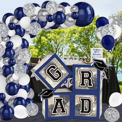 DAZONGE Navy Blue Graduation Decorations 2026 - Set of 4 Grad Balloon Boxes with 139pcs Balloon Arch Garland Kit & 4 Lighted Strings - So Proud of You 2026 Graduation Decorations