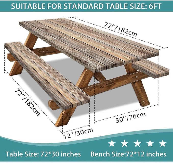 Picnic Table Cover with Bench Covers Camping Essentials Farmhouse Waterproof Windproof Wood Grain Camping Tablecloth Fitted Tablecloth Cover with Elastic Edge for Indoor & Outdoor 3 PCS 30x72 Inch