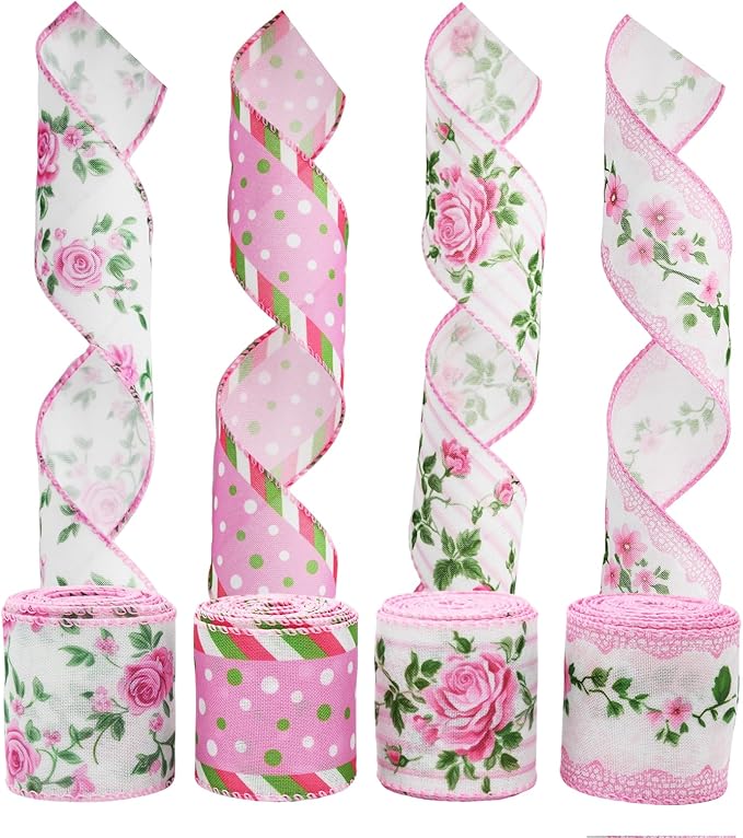 4 Rolls Pink Rose Floral Wired Edge Ribbon – 2.5 Inch, 5 Yards Each, Summer Grosgrain Set for Wedding Decor, Gift Wrapping, DIY Crafts