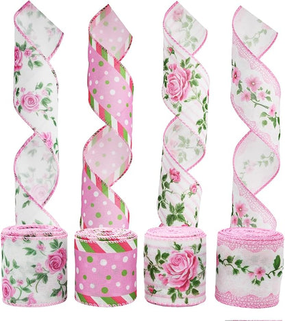 4 Rolls Pink Rose Floral Wired Edge Ribbon – 2.5 Inch, 5 Yards Each, Summer Grosgrain Set for Wedding Decor, Gift Wrapping, DIY Crafts