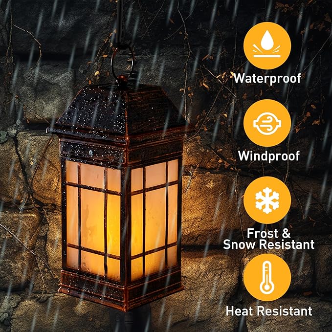 15.5" Solar Lantern Outdoor Waterproof, Glass Flickering Flame Solar Lanterns, Hanging Metal Lantern Decorative for Patio Front Porch Garden Backyard Tabletop Mothers Day Gifts Mom