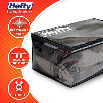 Hefty Storage Bags Extra Large Double Zipper Backpack, Heavy Duty Water Resistant Moving Totes with Shoulder Straps, Foldable Reusable Packing Organizers, 2 Pack (X-Large Black)