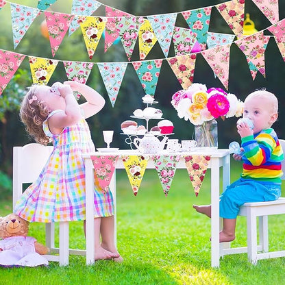 72 Pcs Vintage Floral Paper Bunting Banner Garland Bandana Pennants Outdoor Bunting Banner for Tea Party Decorations Flower Garden Yard Baby Shower Bridal Wedding Party Decorations