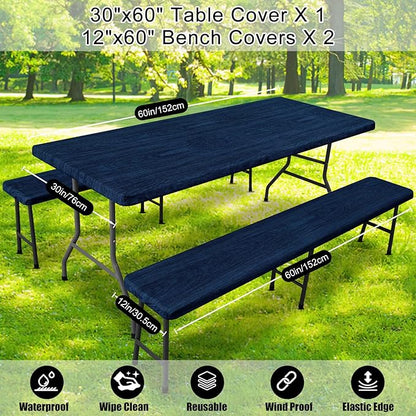 Smiry Picnic Table Cover with Bench Covers, Waterproof Elastic Fitted Tablecloth for 5 Foot Tables, Washable Polyester Tablecloths for Camping, Indoor & Outdoor (Navy & Black, 30x60 Inch 3-pc Set)