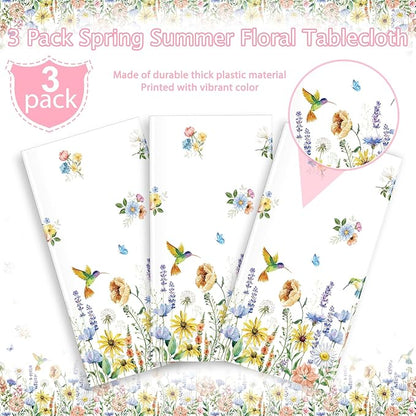 3 Pack Spring Summer Floral Tablecloth Decorations, Wildflower Plastic Disposable Table Cloth, Wild Flower Rectangle Table Cover for Garden Picnic Baby Shower Tea Party Decorations, 54x108 Inch