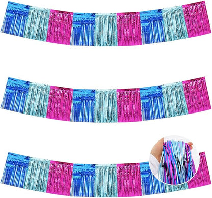 BEISHIDA 3 Packs Metallic Foil Fringe Garland Mix Blue Pink Wall Hanging Tinsel Fringe Banners for Car Floats Birthday Baby Bridal Shower Wedding Graduation Holiday Party Decoration(30 Feet)
