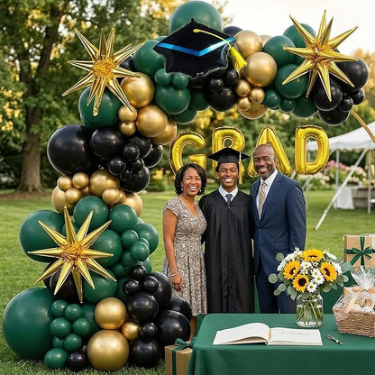 2026 Graduation Party Decorations Green Black Gold Balloons Garland Arch Kit 130pcs-Congrats Grad Golden Letter Balloons for 2026 Prom Party Supplies