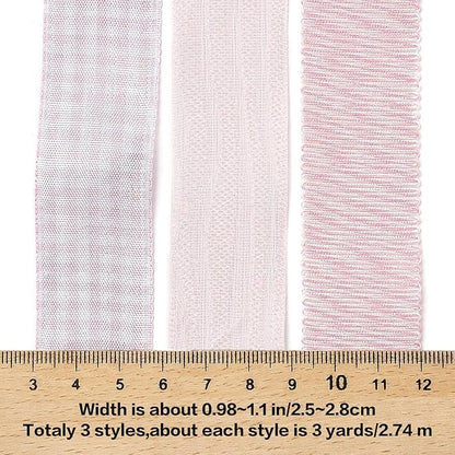 BEEFLYING 3 Styles Pink Wire Edged Ribbons for Gift Wrapping Decoration 25~28mm×2.7m Stripe Satin Ribbons for Wedding Party Decoration Hair Bows Flower Designs Sewing and Craft, 9 Yards