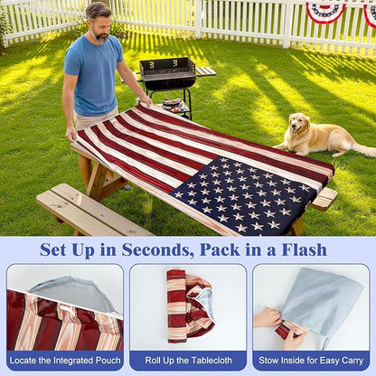 Picnic Table Cover with Bench Covers Windproof Waterproof Picnic Table Covers Camping Tablecloth with Self-Storage Bag, 72in, Vintage Wood Flag