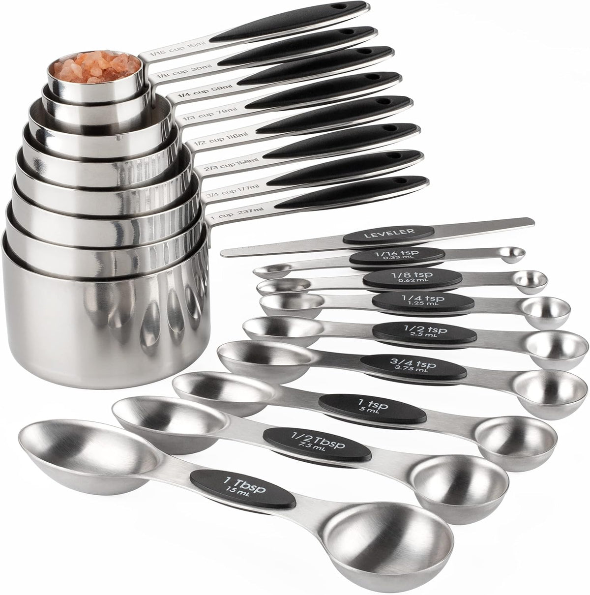 Measuring Cups and Spoons Set Stainless Steel Includes 8 Heavy Duty Measuring Cups 8 Double Sided Magnetic Measuring Spoons and 1 Leveler for Dry and