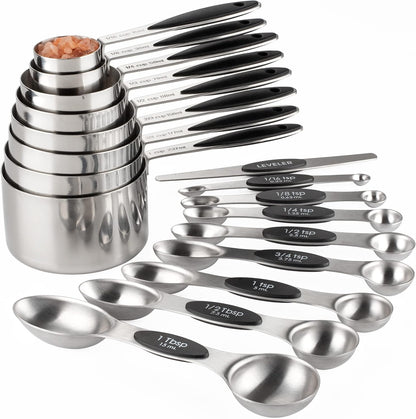 Measuring Cups and Spoons Set Stainless Steel Includes 8 Heavy Duty Measuring Cups 8 Double Sided Magnetic Measuring Spoons and 1 Leveler for Dry and