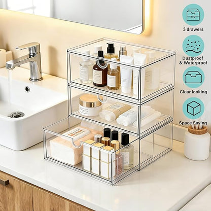 Prsildan Acrylic Makeup Organizer, 3 Pack Stackable Clear Storage Drawers for Baby Bottles Desk Organizers with 3 Drawers for Countertop Vanity Nursery Modular System for Cosmetics Jewelry