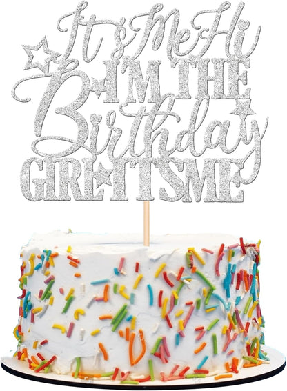 1 PCS It's Me Hi I'm the Birthday Girl It's Me Cake Topper Glitter Music Singer Cake Pick for Funny Hip Hop Singer Girls Birthday Party Cake Decorations Supplies Silver