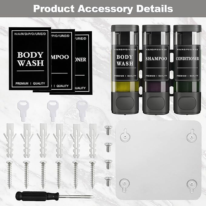 CeeVian 3 Chamber Shower Soap Dispenser Shower Soap Dispenser No Drill Wall Mounted Conditioner Body Wash Dispenser for Bathroom, Gym, Hotel – Includes Screws, Stickers & Tools