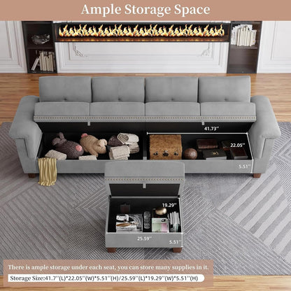 JAMFLY 108" Modular Sectional Sofa with Storage, L Shaped Sofa Couch with Reversible Ottoman, 4-Seat Convertible Sectional Couches with Cup Holders for Living Room, Apartment, Light Grey