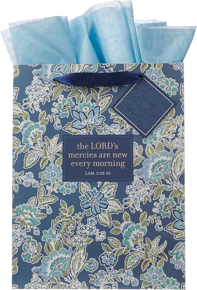 Christian Art Gifts Large Portrait Inspirational Scripture Gift Bag, Tag & Wrapping Tissue Paper Set for Women: Mercies are New Encouraging Bible Verse, Sturdy Satin Ribbon Handles, Blue/Green Floral