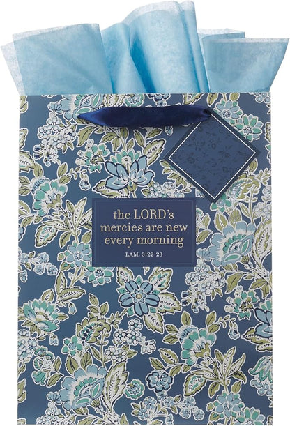 Christian Art Gifts Large Portrait Inspirational Scripture Gift Bag, Tag & Wrapping Tissue Paper Set for Women: Mercies are New Encouraging Bible Verse, Sturdy Satin Ribbon Handles, Blue/Green Floral