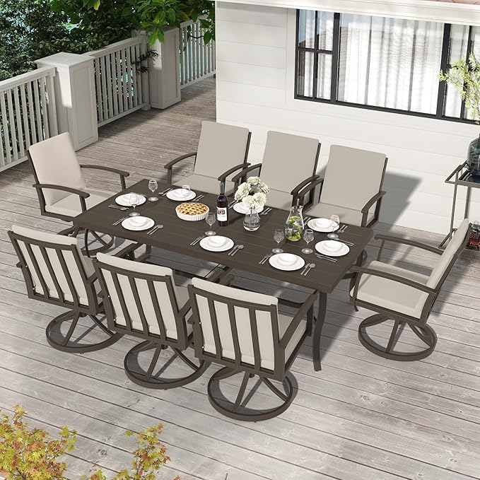 HAPPATIO Aluminum 9 Piece Patio Dining Set, Outdoor Swivel Dining Chairs and Dining Table, Aluminum Outdoor Dining Set for 8, Patio Dining Furniture with Washable Cushions (Black)