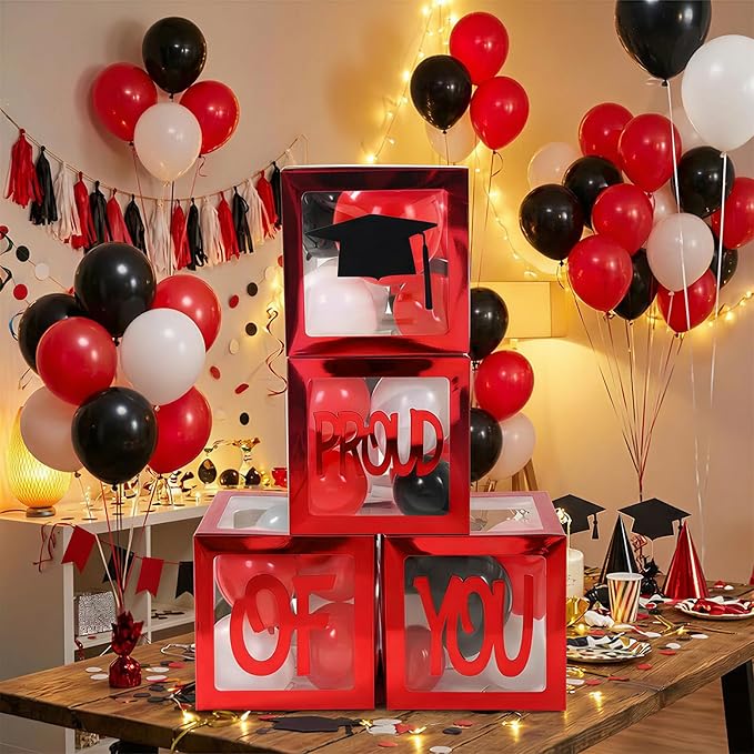 Graduation Decorations 2026,4 Pcs Transparent Balloon Boxes with Letters of GRAD,PROUD OF YOU,Class of 2026 130pcs Red and Black Balloon Arch Kit for High School College 2026 Grad Party Supplies
