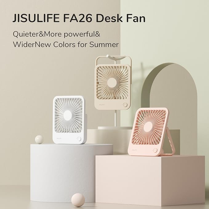 JISULIFE Small Desk Fan Battery Operated, 180° Foldable Portable Fan, 4 Speeds Adjustable Ultra Quiet for Home Office Travel Outdoor-Brown