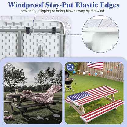 Picnic Table Cover with Bench Covers Windproof Waterproof Picnic Table Covers Camping Tablecloth with Self-Storage Bag, 72in, Bright White Wood