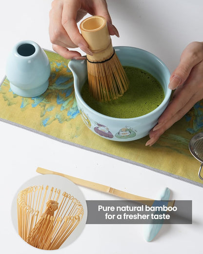 Matcha Whisk Set, Ceramic Matcha Set Includes Matcha Bowl, Matcha Whisk and Holder, Bamboo Scoop, Scoop Rest, Sifter and Tea Towel - 7 Pcs Matcha Kit(Blue)