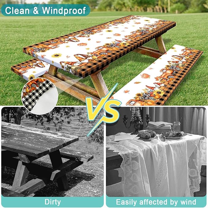 Fall Picnic Table Cover with Bench Covers, Camping Essentials, Thanksgiving Buffalo Plaid Floral Waterproof Windproof, Fitted Tablecloth Cover with Elastic Edge, Indoor & Outdoor, 3 PCS, 30x96 Inch