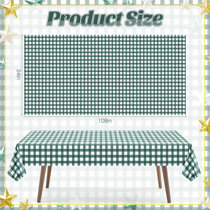 4 Pack Sage Green Striped Gingham Tablecloths, 54 x 108 Inch Disposable Plastic Rectangle Table Covers, Waterproof Checkered Sage Green Table Cloths for Picnic, Birthday, Party, Outdoor Events