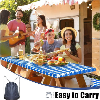 Smiry Picnic Table Cover with Bench Covers, Waterproof Elastic Fitted Tablecloth for 5 Foot Tables, Washable Polyester Tablecloths for Camping, Indoor & Outdoor (Blue & White, 30x60 Inch 3-pc Set)