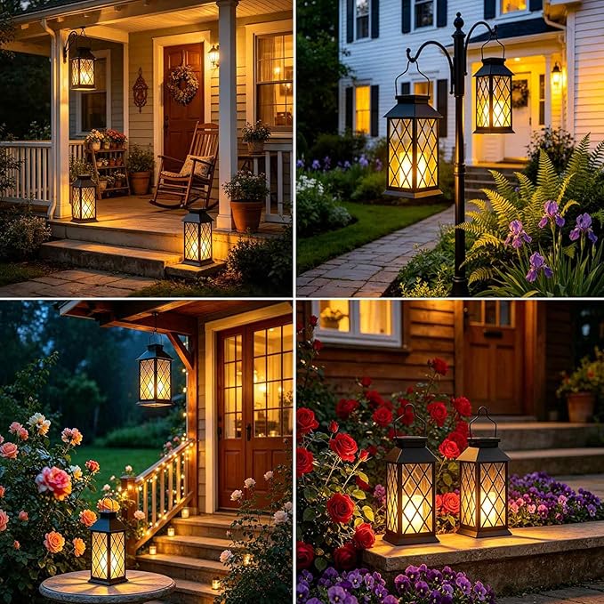 Solar Lanterns Outdoor Waterproof, Flickering Candles Hanging Solar Lights for Outside Garden Patio Wall Porch Decorative, Lamp with Upgraded Solar Panel, Tempered Glass & Clip, Black 2 Pack