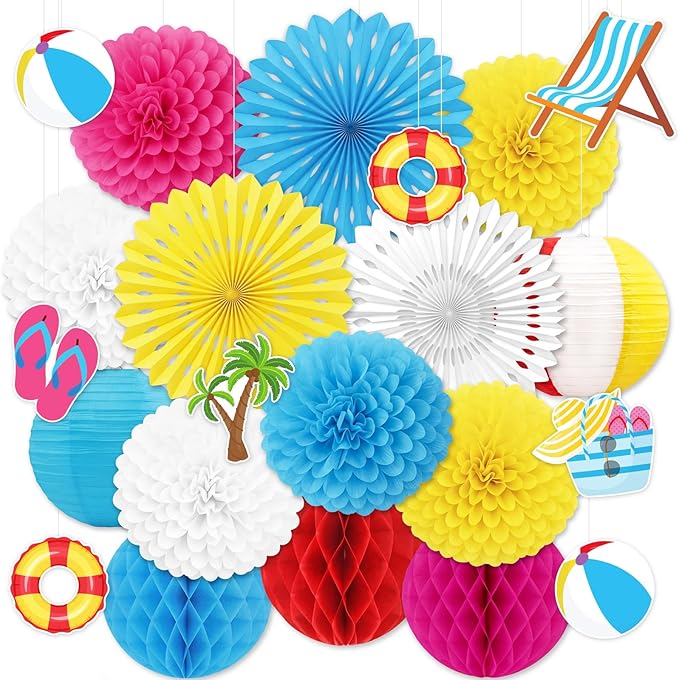 22pcs Summer Pool Party Decorations – Hanging Paper Fans, Beach Ball Lanterns, Pom Poms, Honeycomb for Hawaiian Luau Theme Birthday, Classroom, Outdoor Indoor Decor