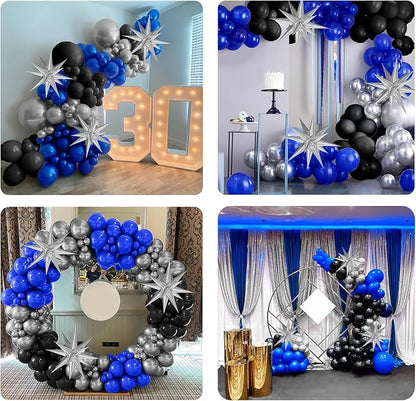 FOTIOMRG Royal Blue and Black Balloon Garland Arch Kit with 3pcs Star Balloon, Navy Blue Balloons Metallic Sliver Black Balloons for 30th 40th 50th Birthday Graduation New Years Party Decorations