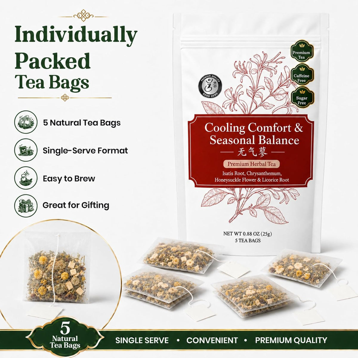 Herb Guru Herbal Tea, Caffeine Free, 5 Bags Brew Up to 50 Cups, 0.88 oz