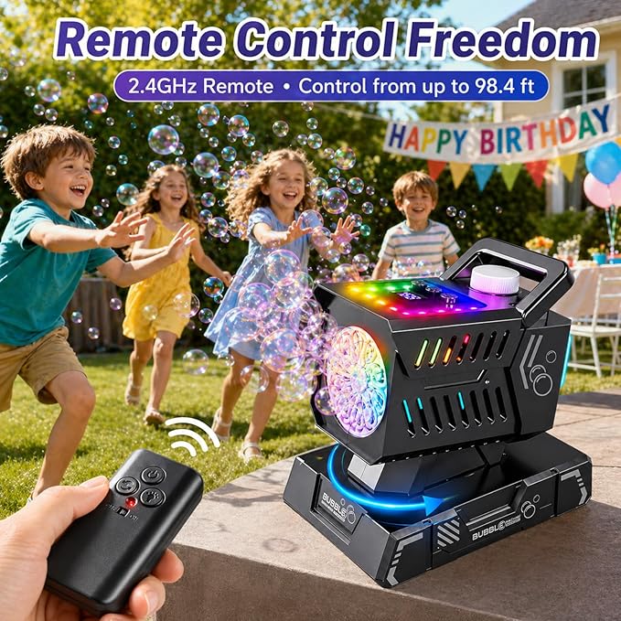 Bubble Machine Remote Control 98ft Range,Auto Rotation & 11 RGB Lights, 1800mAh Rechargeable Battery/USB-C Charging,Top-Fill Portable Bubble Maker for Kids Birthday Party Wedding Pool Outdoor