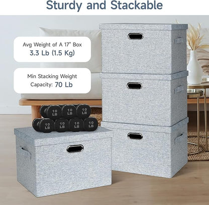 Graciadeco Large 17" 36 Quart Collapsible Stackable Storage Bins with Lids, 3 Packs Blue-Grey Linen Fabric Closet Boxes with Lids, Storage Cube Baskets Container Organizers for Bedroom (17x12x11)