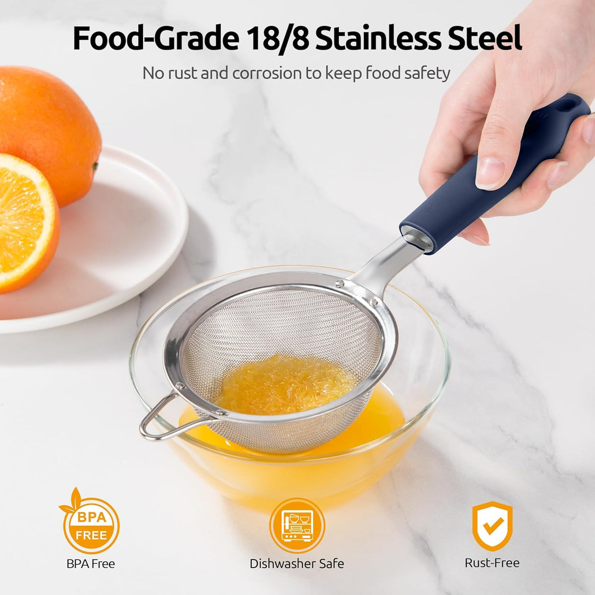 U-Taste Small Fine Mesh Strainer: 18/8 Stainless Steel 3.35in 30 Mesh Kitchen Food Sieve with Sturdy Riveted Silicone Handle, Heavy Duty Deep Handheld Metal Colander for Tea, Juice (Midnight Blue)