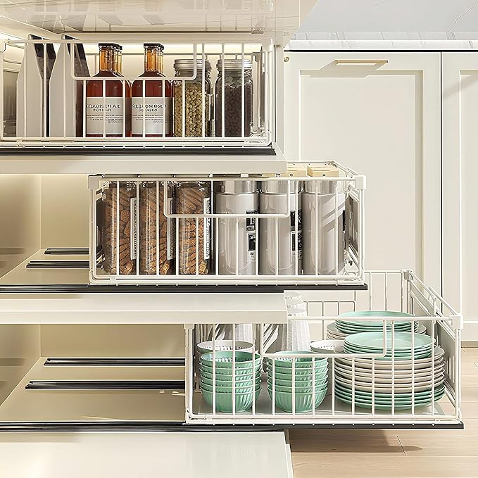 Under Sink Pull-Out Cabinet Organizer for Kitchen and Bathroom Cabinet Storage - Metal Expandable Drawers(12.8-19.49in Width) Suitable for Hair Tools,Trash Bags White 1 Pack