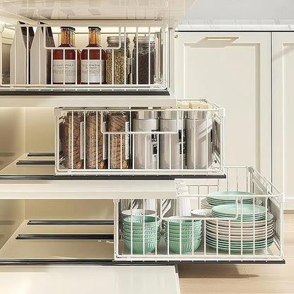Under Sink Pull-Out Cabinet Organizer for Kitchen and Bathroom Cabinet Storage - Metal Expandable Drawers(12.8-19.49in Width) Suitable for Hair Tools,Trash Bags White 1 Pack