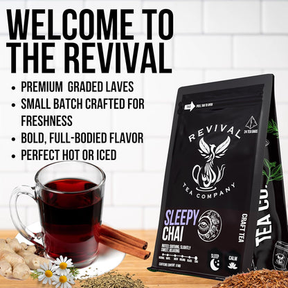 Revival Tea Company Sleepy Chai Tea - Rooibos Chai Tea Red Tea Blend with Valerian Root and Fresh Spiced Chai Flavor - Caffeine Free - Loose Leaf 8 Ounces
