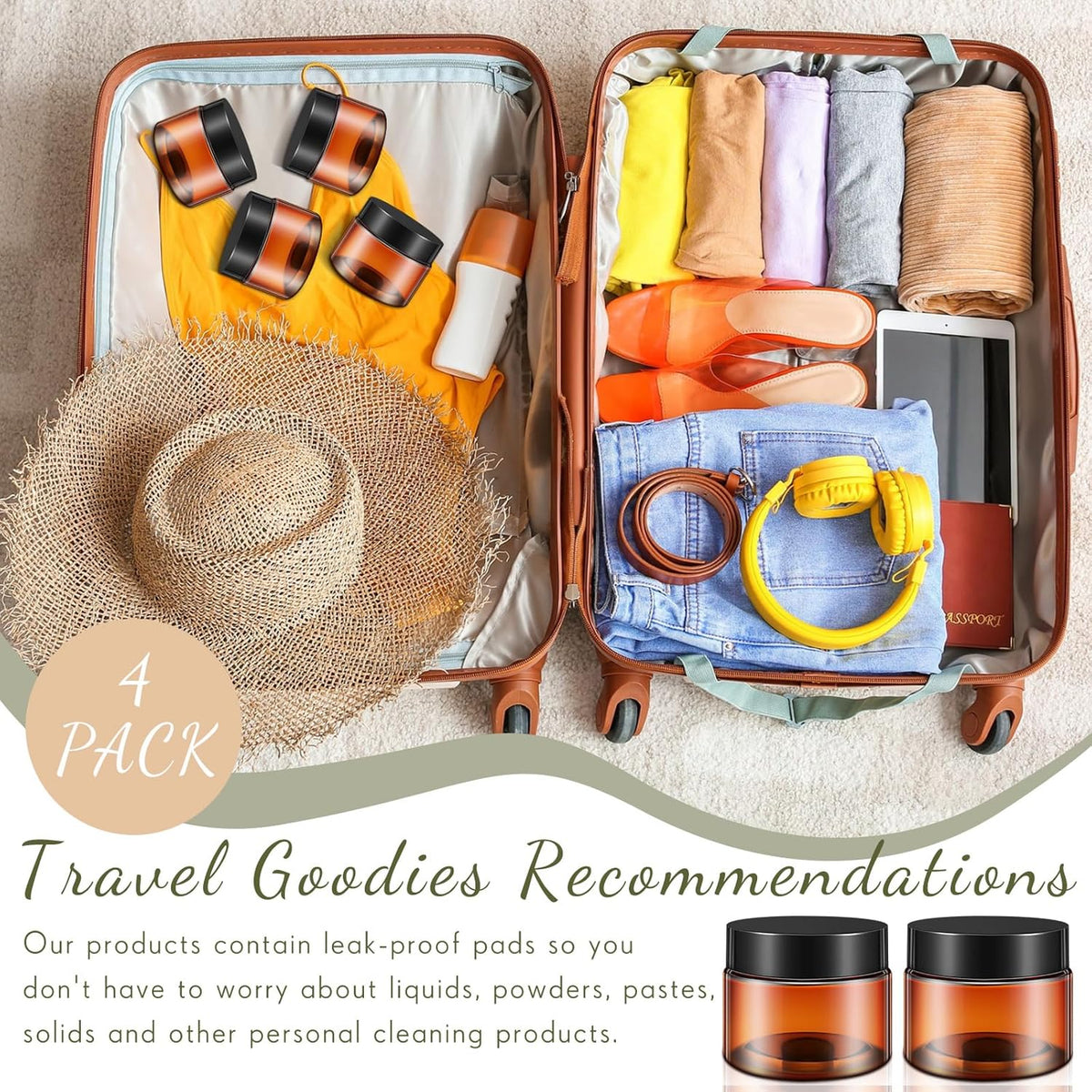 Patelai 4 Pieces Round Wide-mouth Leak Proof Plastic Container Jars with Lids for Travel Storage Makeup Beauty Products Face Creams Oils Salves Ointments DIY Making(2 Ounce,Amber)